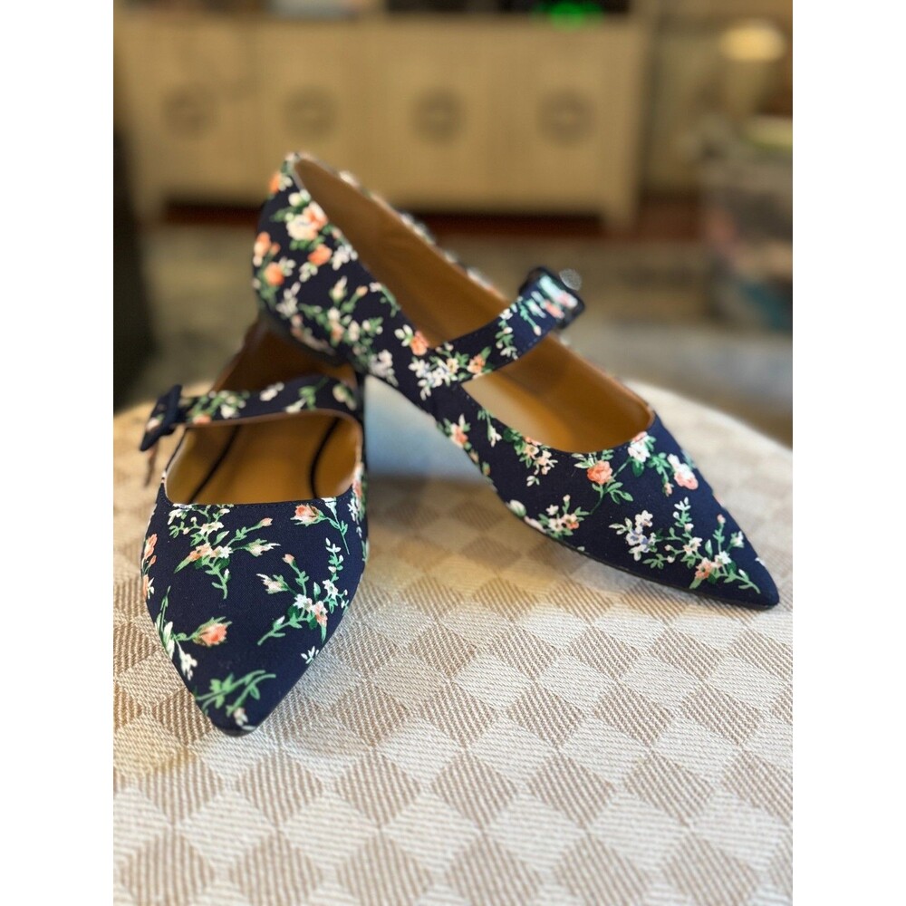 NEW Journee Floral Mary Jane Flats Women Size 7 Navy Canvas Strap Cottagecore